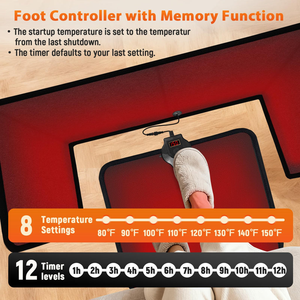Under Desk Heater with Heated Floor Mat - Personal Portable Space Heaters Indoor - Foot Warmer with 12H Timer & 8 Heat Levels - Foot Control, for Home Bedroom Office